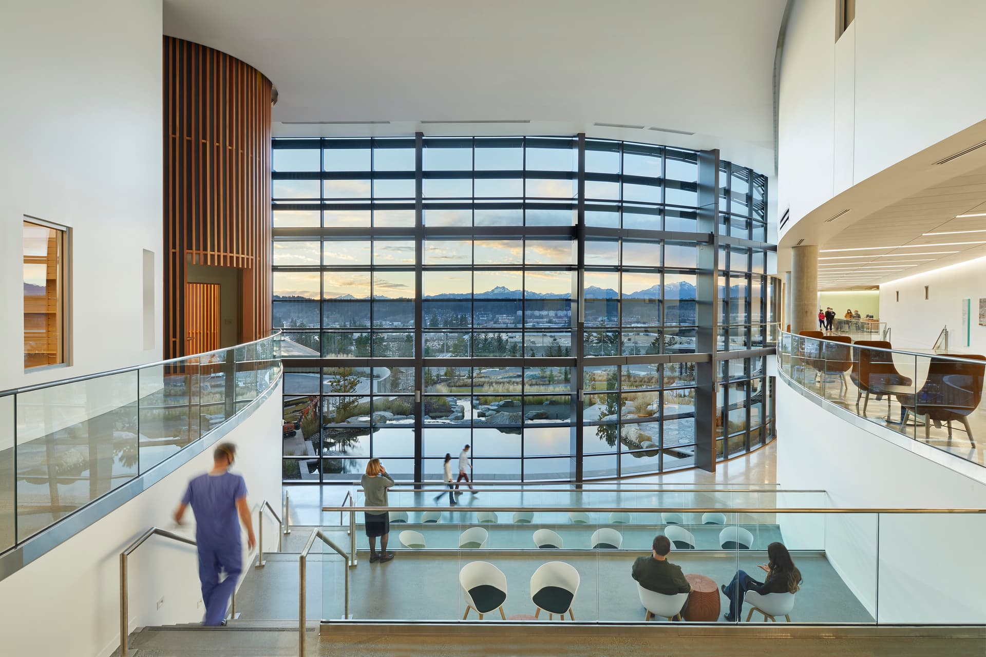 atrium, mountains, view, chapel, public, seating, view, Olympic Mountains