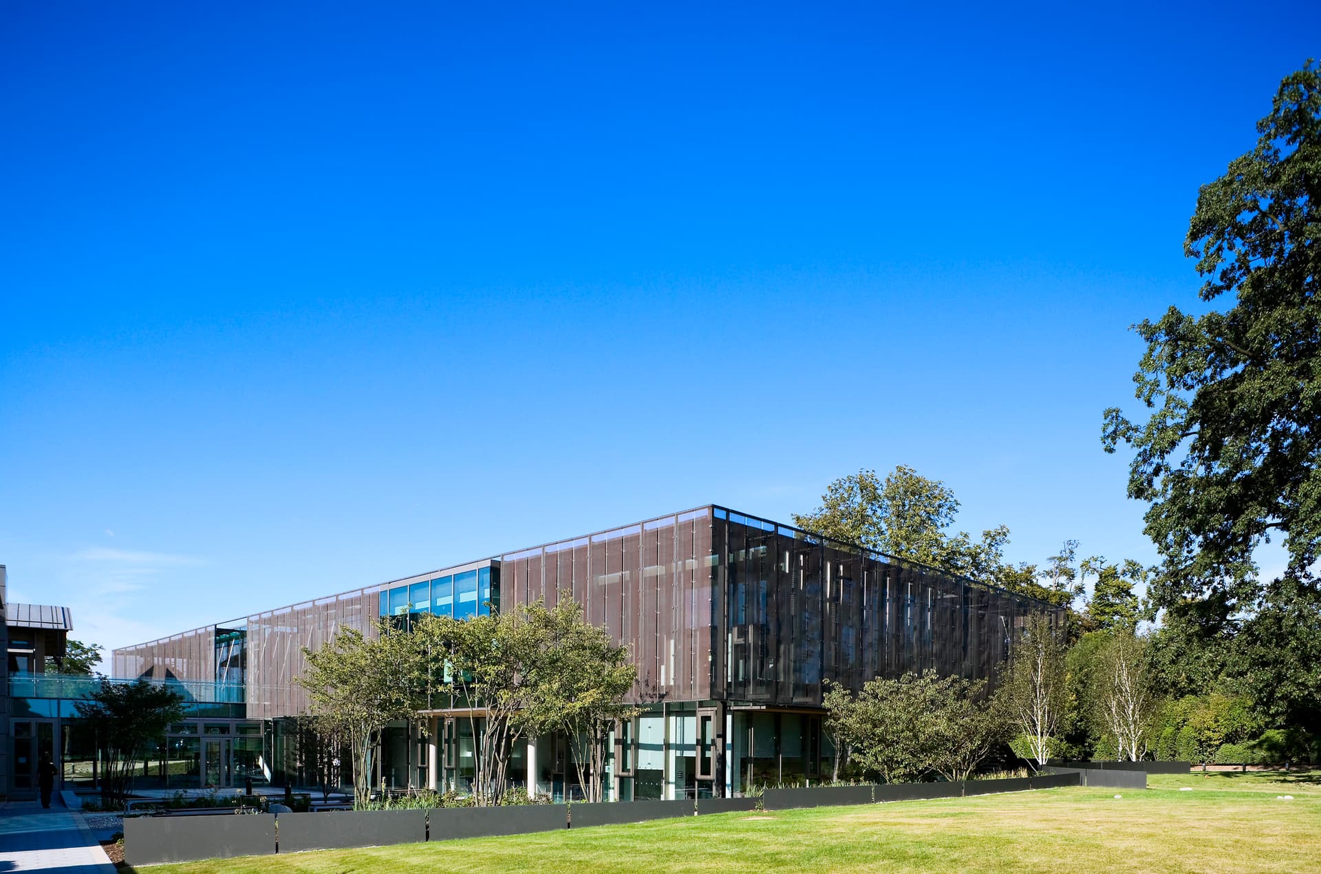 For reference only - no copyright purchased. European, Bioinformatics, Institute, Molecular Biology, Laboratory glazed, garden, copper mesh